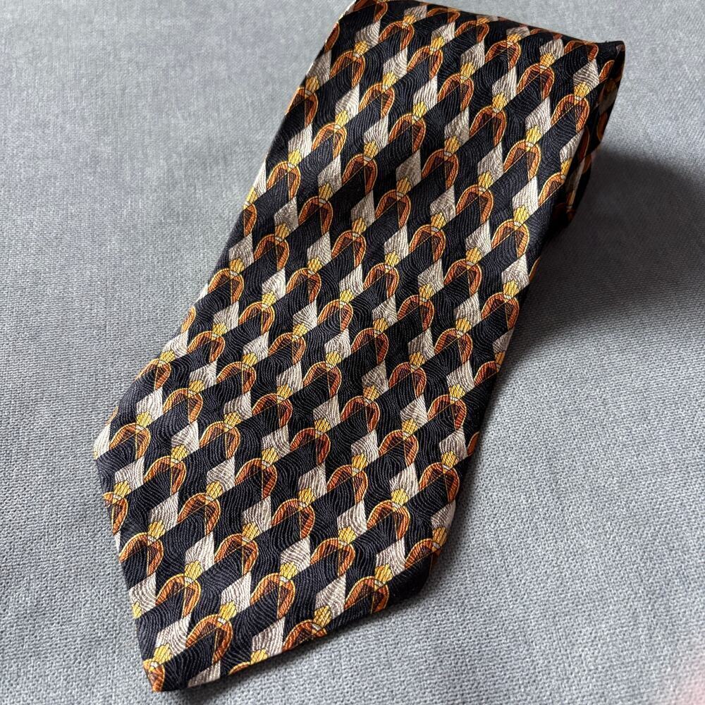 Fumagalli Silk Tie Navy Equestrian Chain Geometric Italy Design Vintage